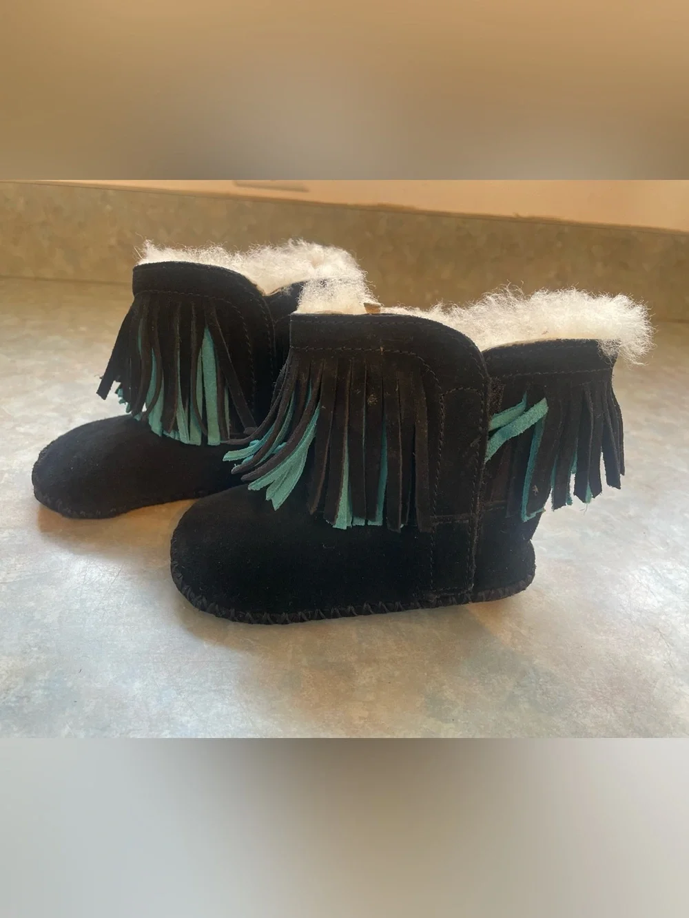 UGG Black Suede Kids Fringe Boots with Teal Accents